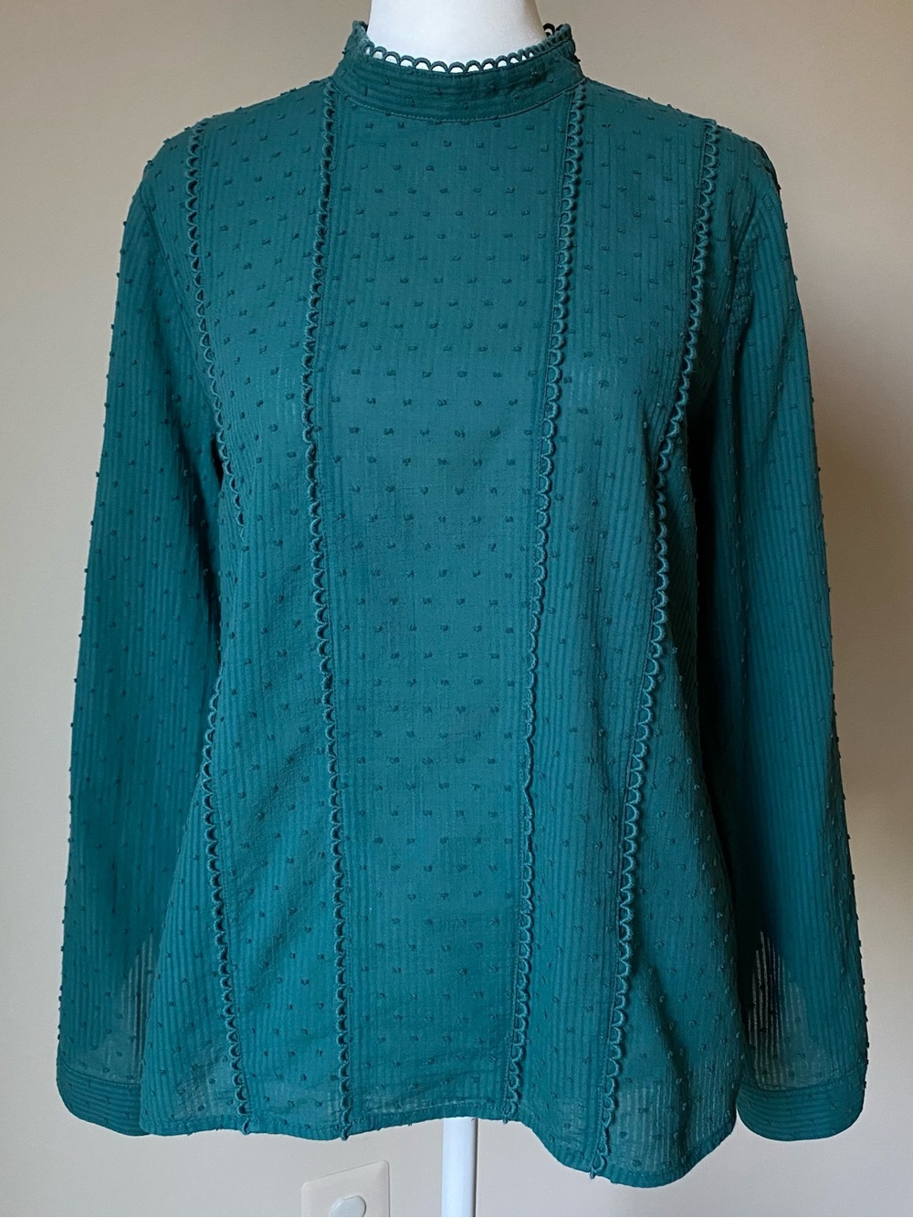 ModCloth Teal Swiss Dot Blouse High Neck Victorian Twee Indie Long Sleeve Size S